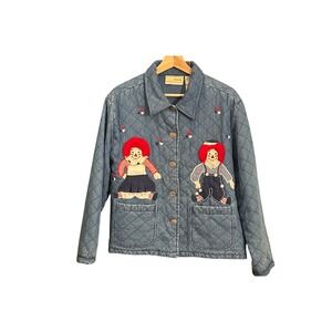 Vintage Carrie Allen Raggedy Ann Andy Quilted Denim Jacket Folk Art Coat